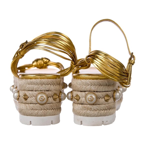 GUCCI - LIMITED EDITION Gold Faux Pearl Accents Espadrille - Picture 4 of 10